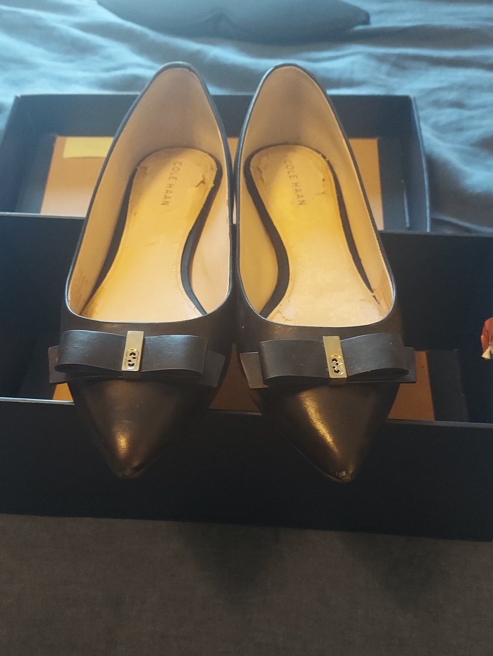 Cole Haan Black Pointed Toe Bow Flats